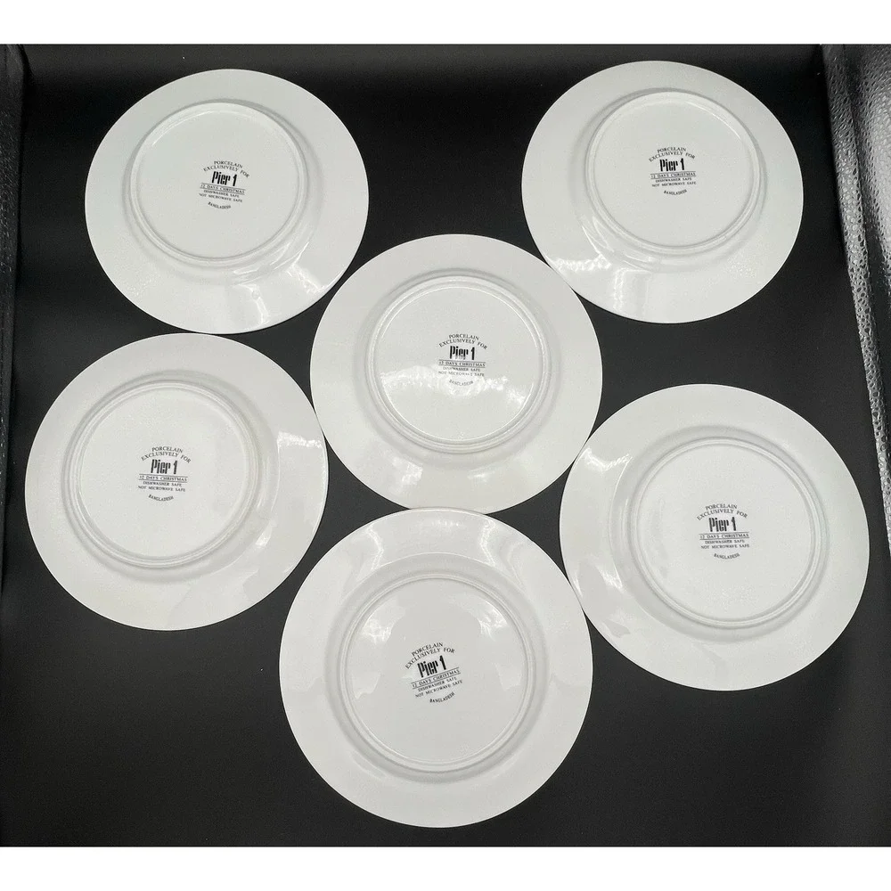 6 Pier 1 12 Days of Christmas Porcelain 7.75 in Snack Dessert Plates Partridge
